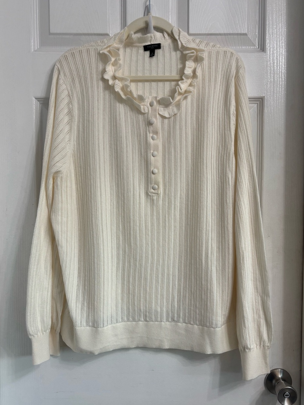 Talbots Cream Ruffled Neck Henley Rib-Knit Pullover Sweater 3XL
